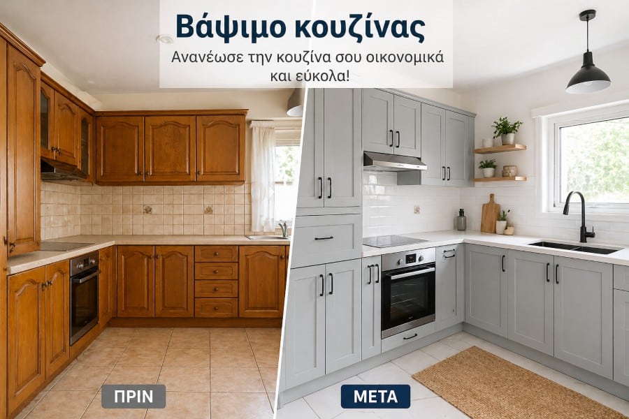 βάψιμο κουζίνας ντουλάπια και πλακάκια πριν και μετά