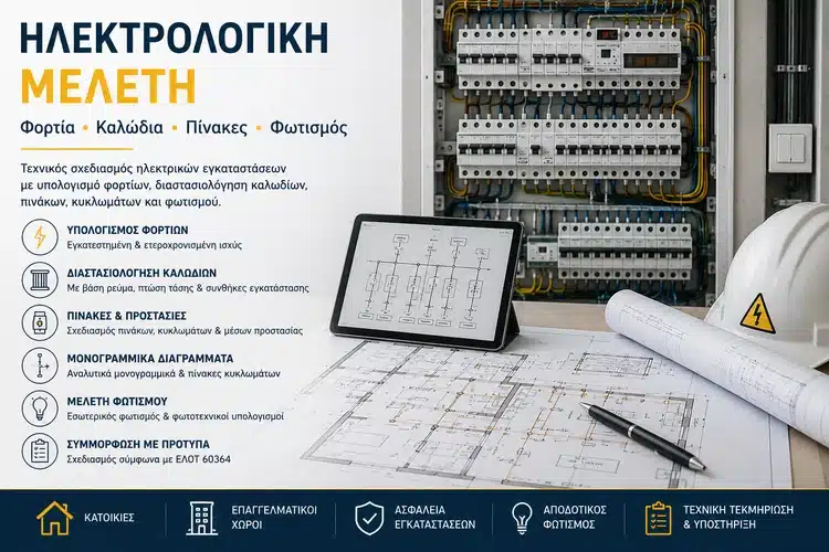 Ηλεκτρολογική μελέτη με υπολογισμό φορτίων, διαστασιολόγηση καλωδίων και σχεδιασμό ηλεκτρικών πινάκων