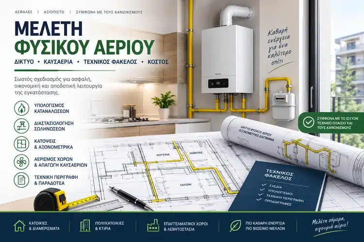 Μελέτη φυσικού αερίου με διαστασιολόγηση σωληνώσεων, αξονομετρικό διάγραμμα και απαγωγή καυσαερίων