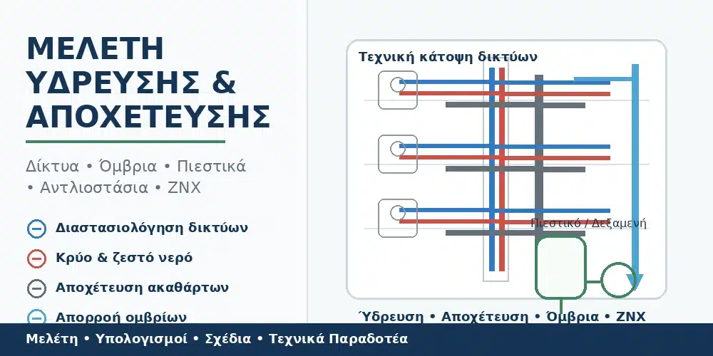 Μελέτη ύδρευσης και αποχέτευσης με διαστασιολόγηση δικτύων, ομβρίων και πιεστικών